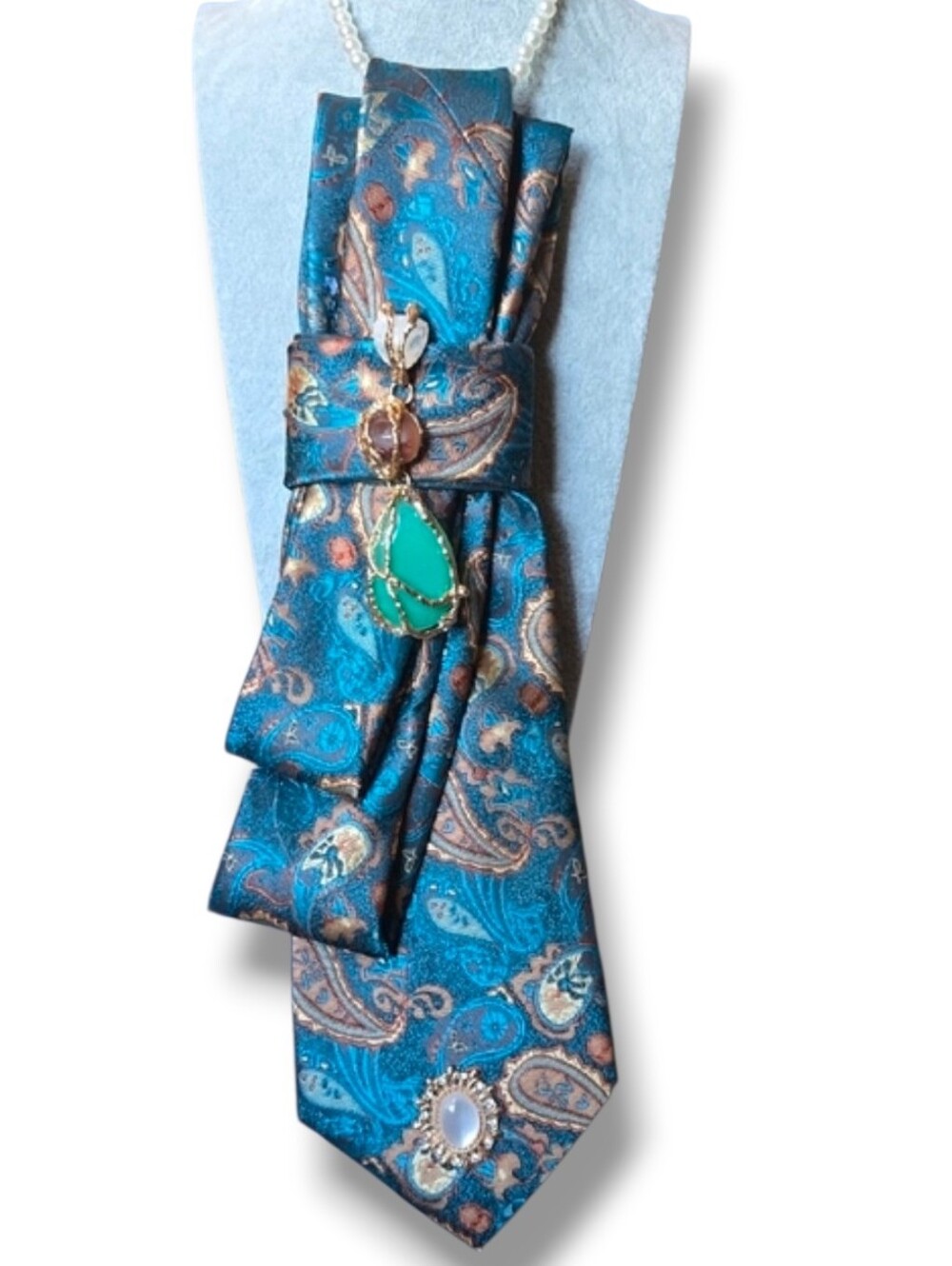 Teal Paisley Satin Cravat with Gold, Green, and White Accents